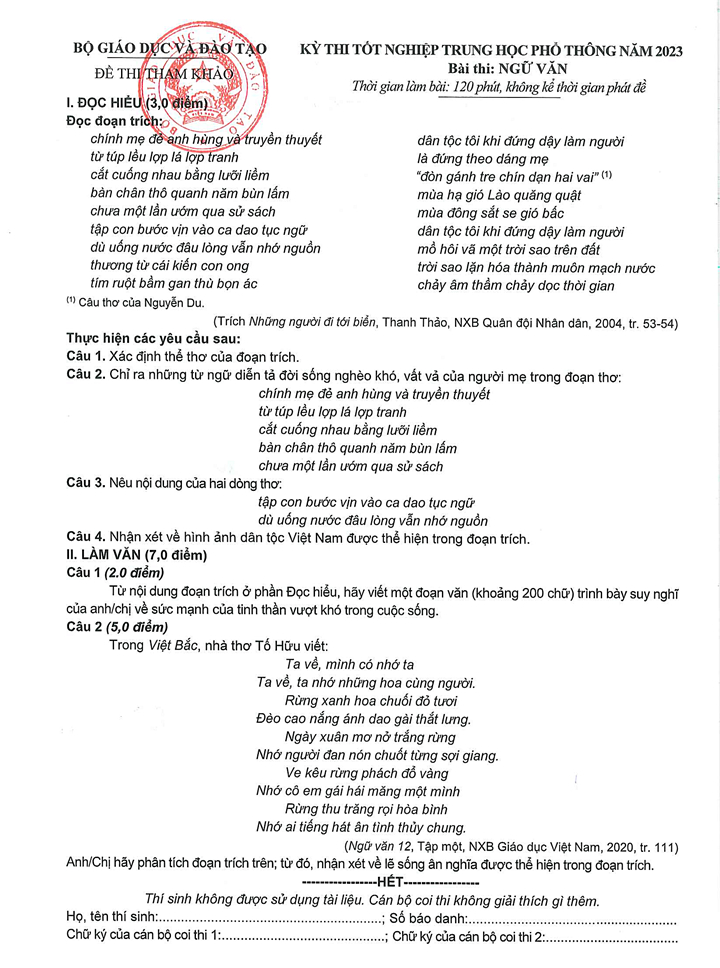 Đề thi minh họa tốt nghiệp THPT Quốc gia năm 2023 môn Ngữ văn do Bộ GD-ĐT công bố