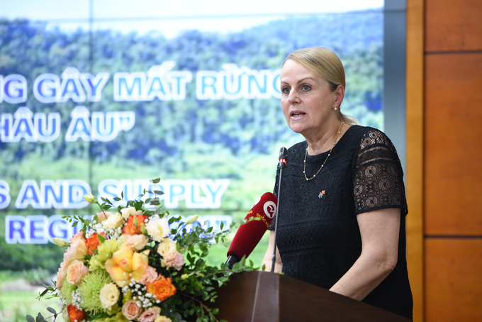 Bà Florika Fink-Hooijer, Tổng vụ trưởng Vụ Môi trường của Ủy ban châu Âu (EC) phát biểu 'Quy định chống phá rừng châu Âu' tại hội nghị. Ảnh: Tùng Đinh.