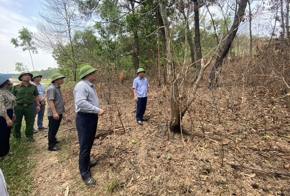 Lãnh đạo UBND tỉnh Nghệ An chỉ đạo công tác khắc phục, phòng chống cháy rừng tại xã Thượng Sơn (huyện Đô Lương) sau vụ cháy rừng thông ở đây ngày 5/5/2023. Ảnh: Văn Trường.