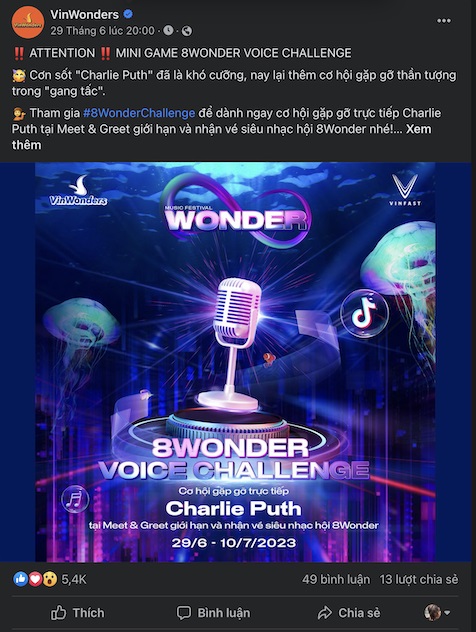 Nhập chú thích ảnhVinWonders công bố cuộc thi '8Wonder Voice Challenge' trên fanpage