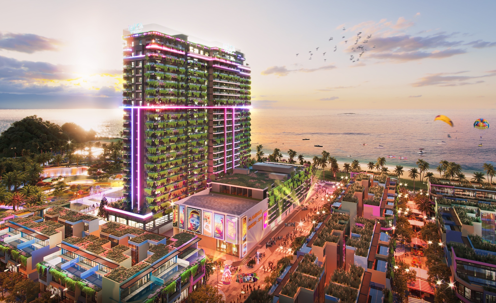 Toà tháp tiệc tùng Ibiza Party Resort và Trung tâm nghỉ dưỡng Bốn Mùa - The Seasons Center nằm cạnh nhau tại trung tâm của quần thể dự án Flamingo Ibiza 1. Ảnh: TT.