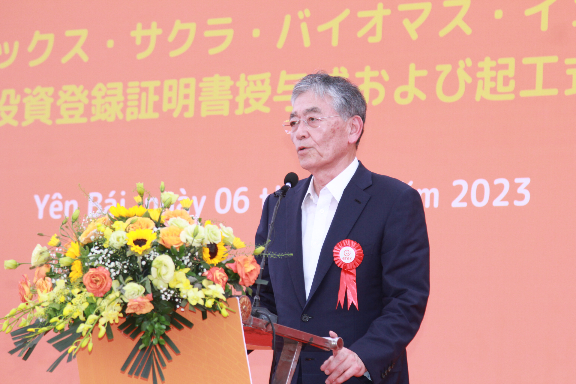 Ông Honna Hitoshi - Chủ tịch kiêm Tổng Giám đốc Công ty cổ phần EREX phát biểu tại buổi lễ. Ảnh: Thanh Tiến.