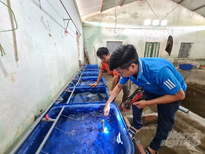 Giám đốc Trung tâm Thủy sản Tuyên Quang Phạm Mạnh Thông (bên phải) kiểm tra môi trường nuôi ương của cá đặc sản. Ảnh: Ngọc Tú.