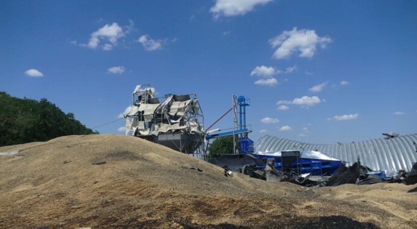 Burned grain and a damaged grain terminal of an agricultural enterprise in the Odessa region of Ukraine on Friday. Photo: Igor Tkachenko/EPA-EFE