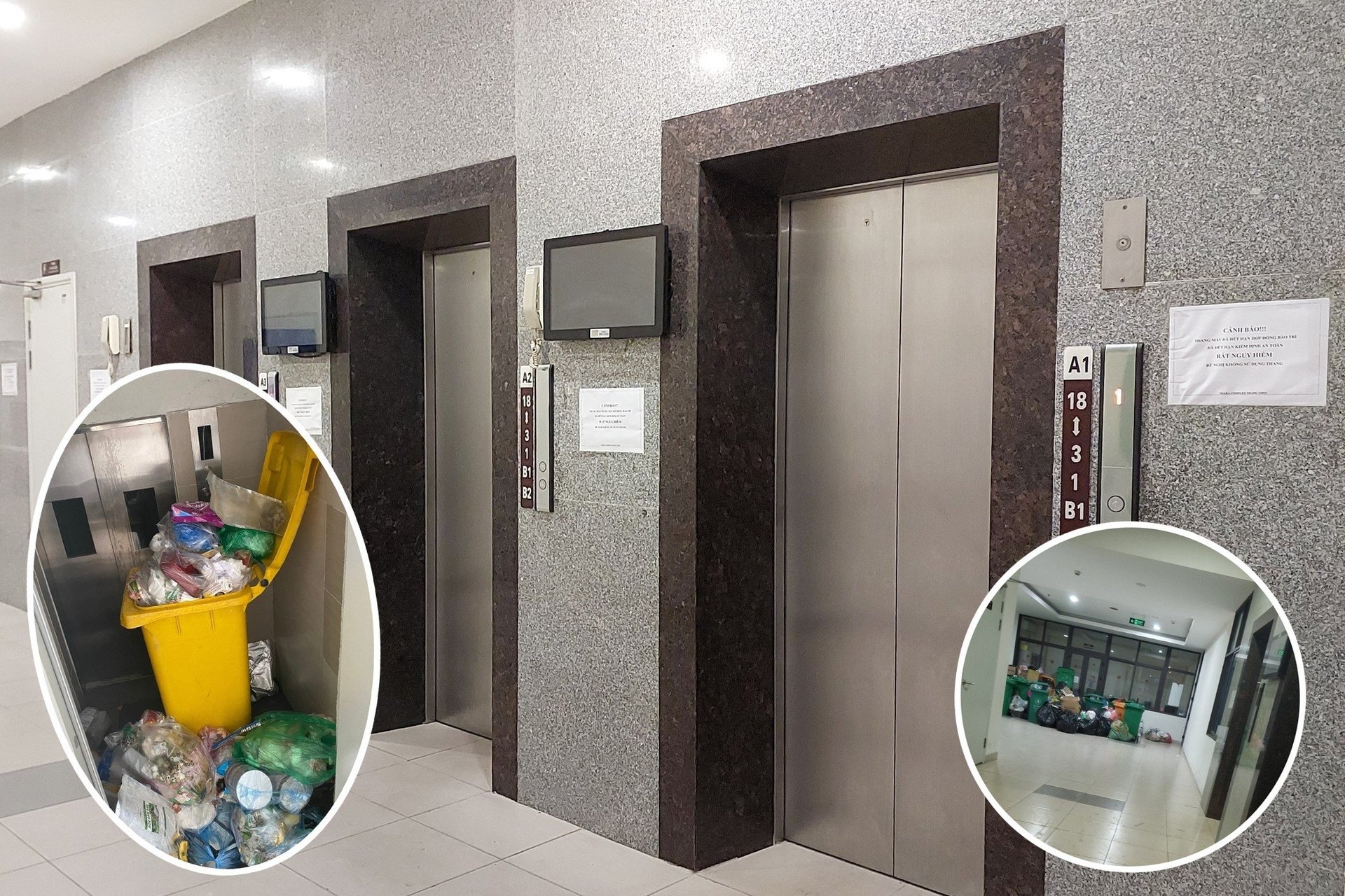 5/6 thang máy tại toà B chung cư Osaka Complex đã bị khoá, dừng hoạt động, thang rác cùng việc thu gom rác thải cũng không được xử lý khiến hàng trăm hộ dân bức xúc. Ảnh: Văn Việt.