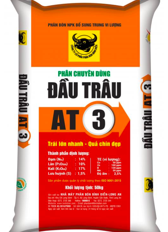 Phân chuyên dùng Đầu Trâu AT3, có chứa 17% K2O và chỉ chứa 1,5% lưu huỳnh để bón cho cây ăn trái hay sầu riêng rất hiệu quả.