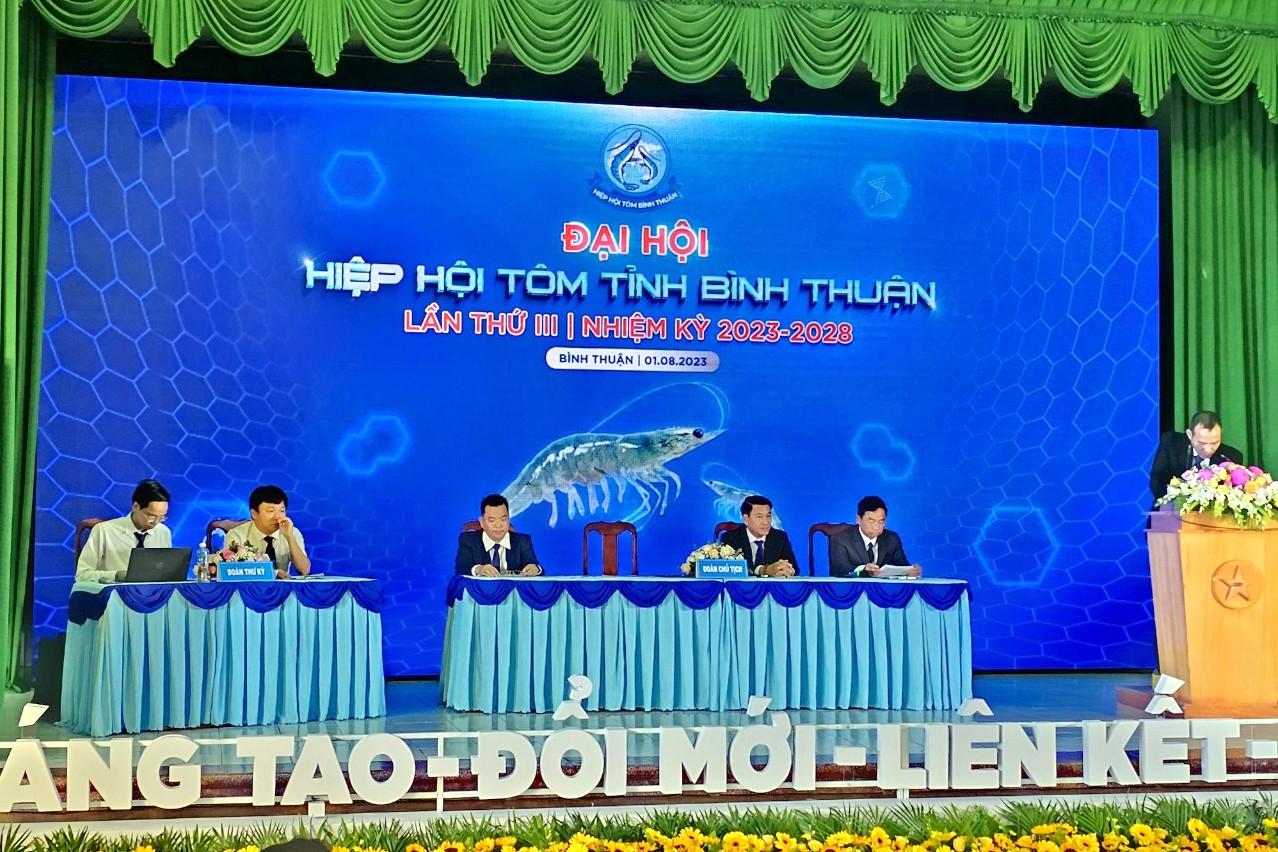 Hiệp hội Tôm Bình Thuận tổ chức đại hội lần thứ III, nhiệm kỳ 2023 - 2028. Ảnh: KS.