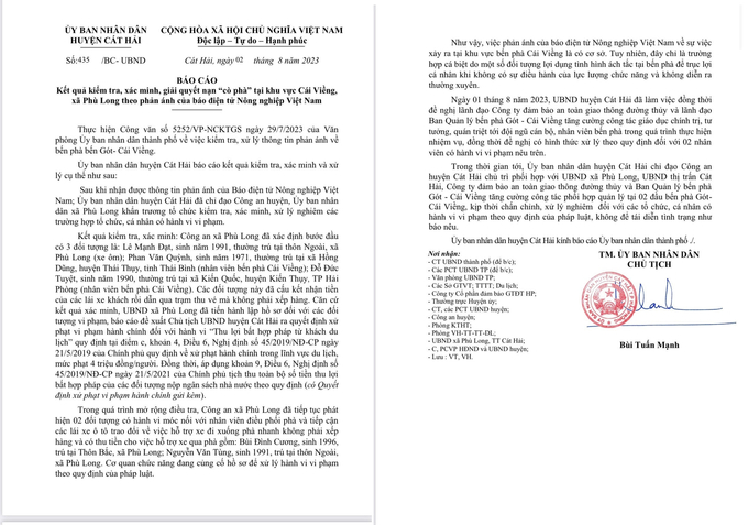 Báo cáo của UBND huyện Cát Hải. Ảnh: Huy Bình. 