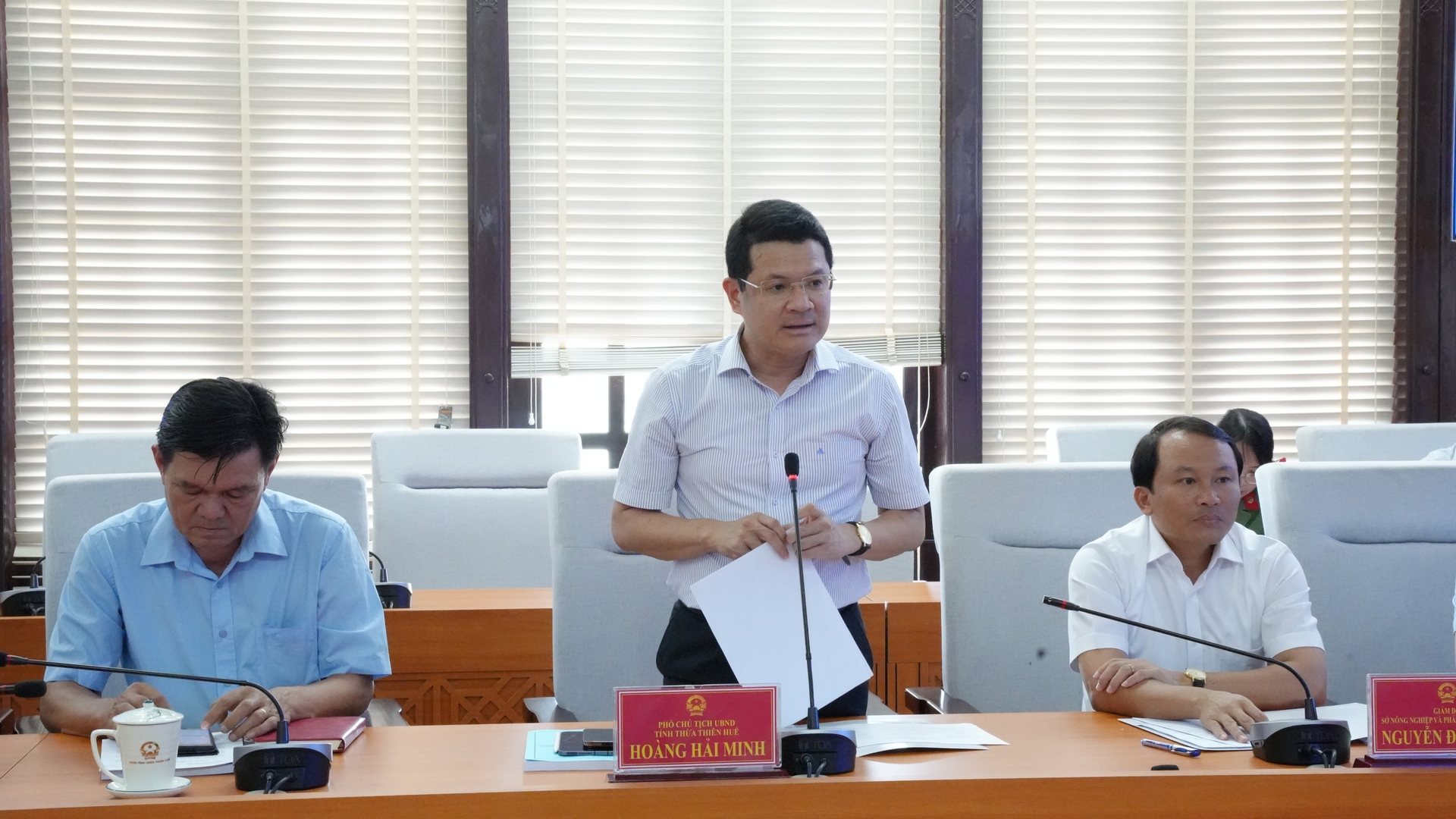 Ông Hoàng Hải Minh, Phó Chủ tịch UBND tỉnh Thừa Thiên Huế đề nghị Trung ương xem xét hỗ trợ kinh phí thực hiện một số dự án phòng chống thiên tai. Ảnh: Võ Dũng.