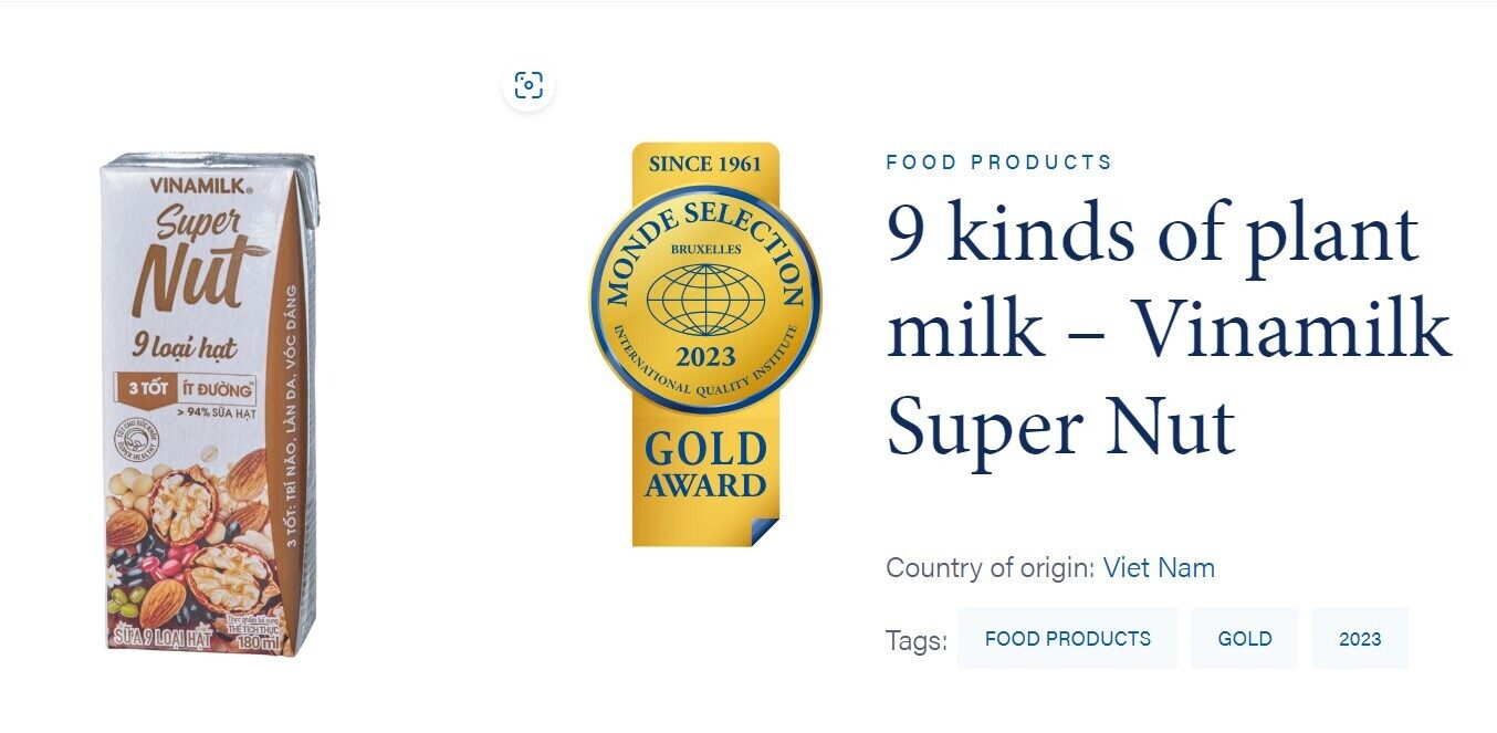 Vinamilk Super Nut 9 kinds of nuts Milk was honoured with the Gold Award according to Monde Selection.