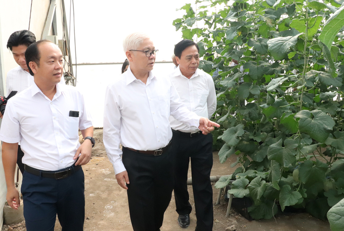 CEO Pham Quoc Liem (left) introduced Unifarm's achievements to leaders of Binh Duong province. Photo: Tran Trung.