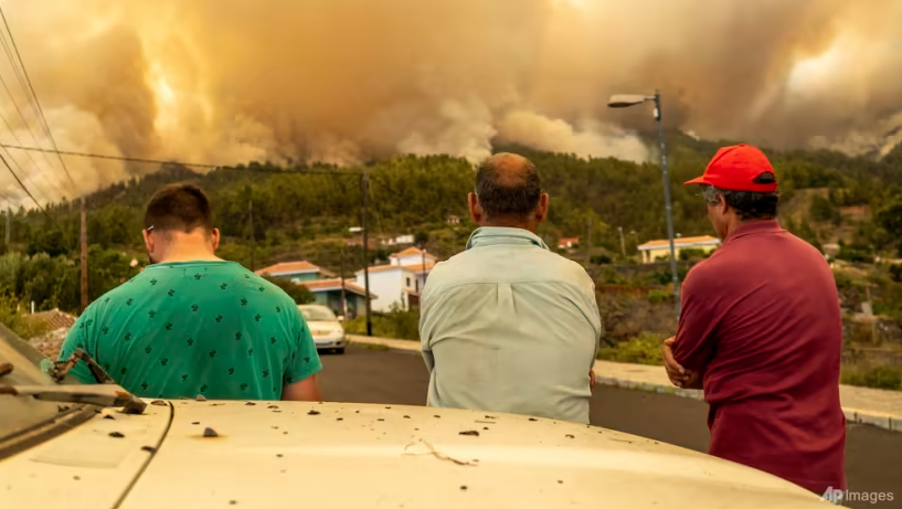 Local residents look on at a burning forest fire, near Puntagorda on the Canary Island of La Palma, Jul 15, 2023. Photo: Europa Press via AP