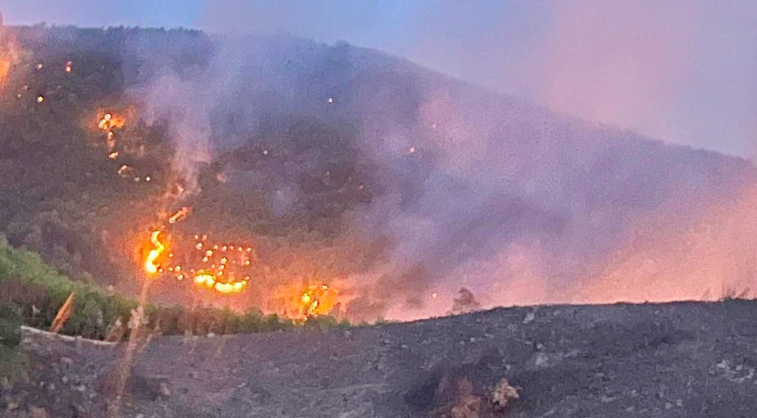 Cháy rừng trồng đã xảy ra tại mái núi Am (xã Thanh Trạch, huyện Bố Trạch), từ sáng 26/8. Ảnh: T.Hiếu