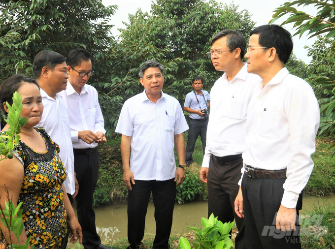 Chủ tịch UBND tỉnh Hậu Giang Đồng Văn Thanh (thứ 4 từ tri qua), thăm nh vườn trồng cy ăn quả. Ảnh: Trung Chnh.