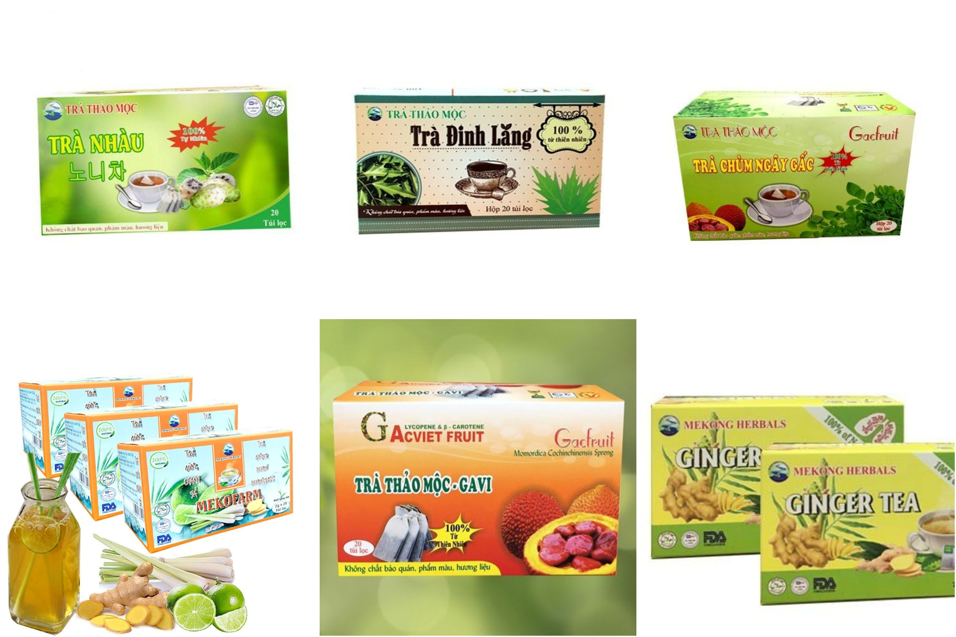 Các sản phẩm trà túi lọc của Mekong Herbals. 
