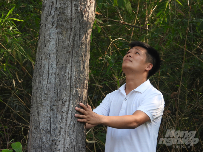 Anh Chu Đức Toàn bên cây rừng do gia đình anh dày công vun trồng, bảo vệ. Ảnh: Trần Trung.