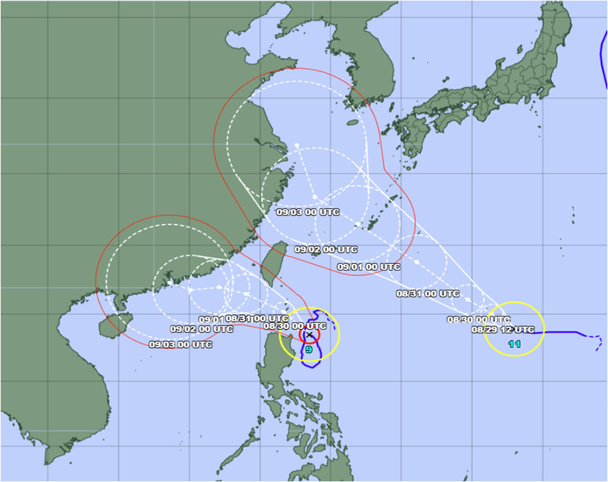 Đường đi của bão SAOLA và bão HAIKUI lúc 7h ngày 29/8/2023 (Dự báo của Nhật Bản).