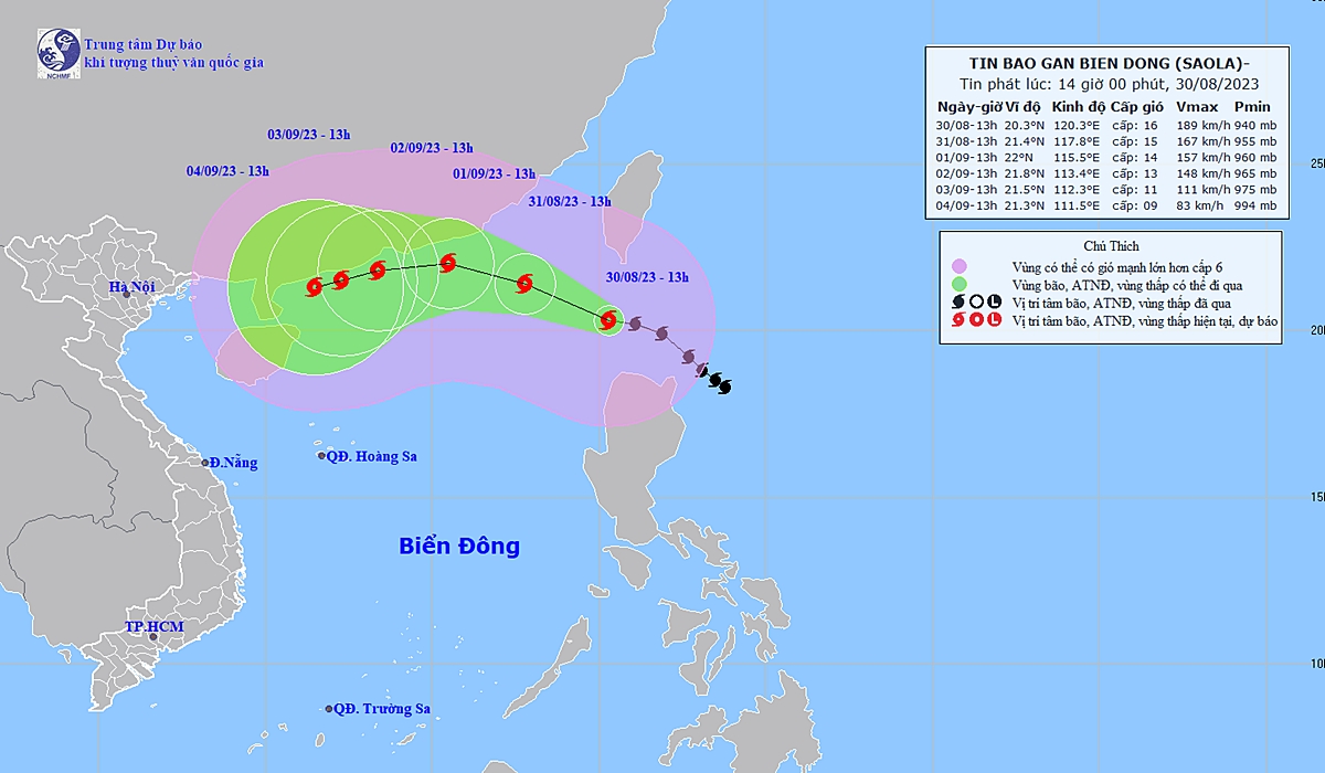 Hướng đi của bão Saola mới nhất. Ảnh: TT KTTV Quốc ggia