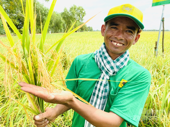 Ông Hun Sarum, ở huyện Kaoh Andaet, tỉnh Tà Keo vui mừng được triển khai mô hình canh tác thông minh giúp năng suất lúa đạt 6 tấn/ha, tăng hơn 900kg/ha, cho lợi nhuận đạt 1.533 USD/ha so với ruộng đối chứng. Ảnh: Lê Hoàng Vũ.