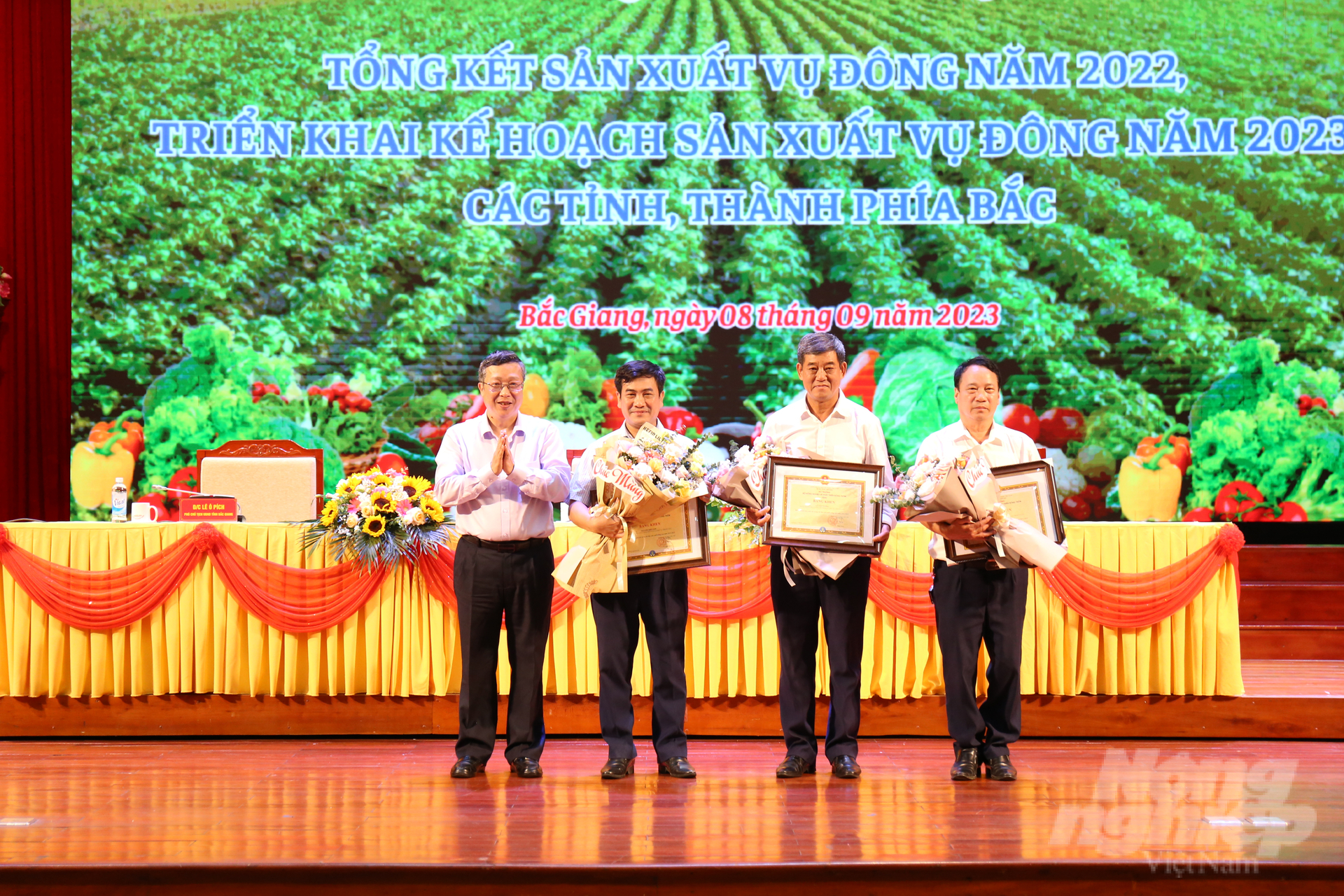 Thứ trưởng Hoàng Trung trao tặng bằng khen của Bộ trưởng Bộ NN-PTNT cho 3 cá nhân đã có thành tích xuất sắc trong công tác chỉ đạo sản xuất trồng trọt năm 2021-2022. Ảnh: Trung Quân.