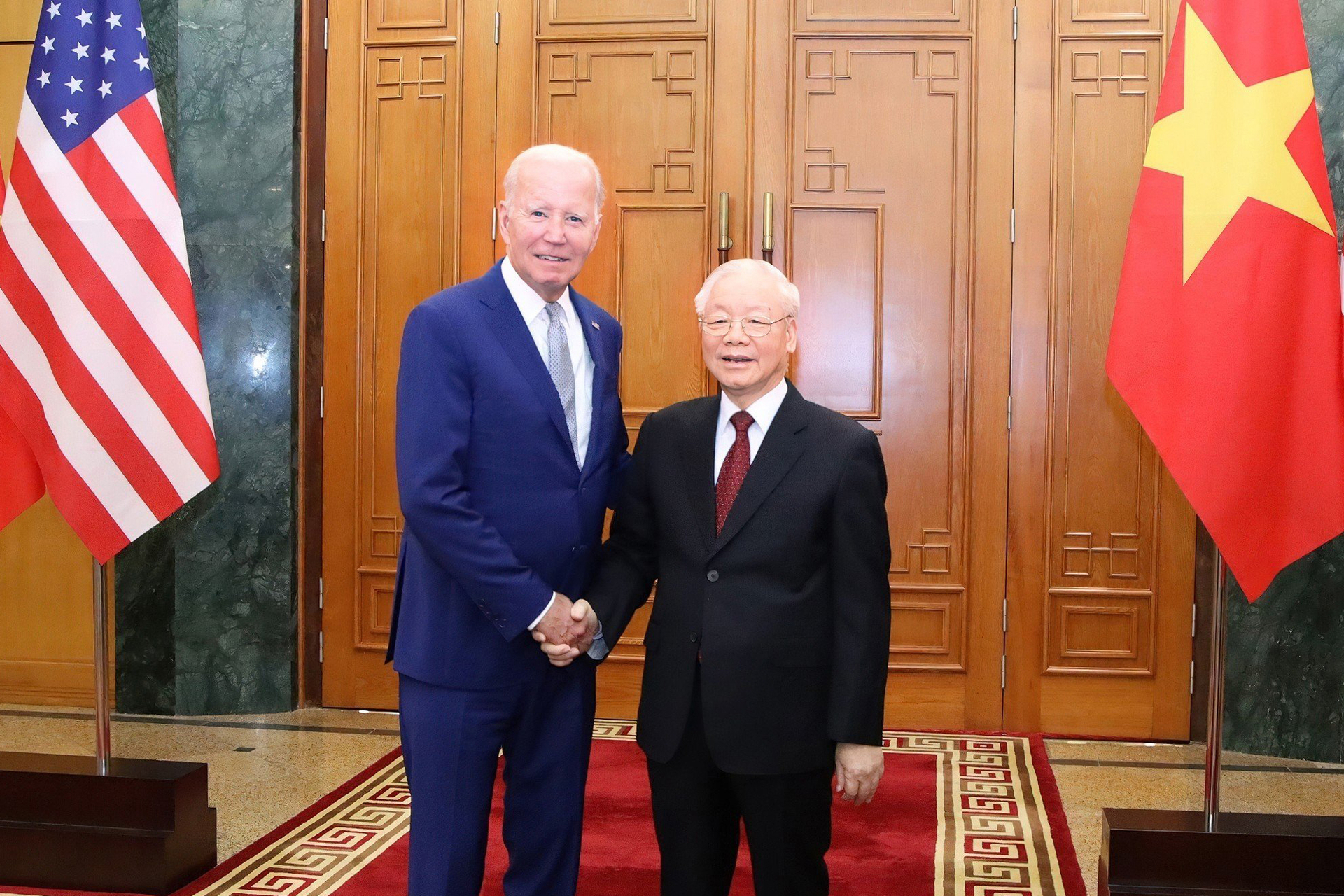 Tổng Bí thư Nguyễn Phú Trọng và Tổng thống Hoa Kỳ Joe Biden trước khi tiến hành hội đàm, chiều 10/9. Ảnh: TTXVN.