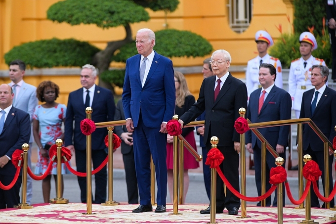 Party Chief Nguyen Phu Trong chaired the reception ceremony for the United States President Joe Biden on the afternoon of September 10. Photo: Tung Dinh.