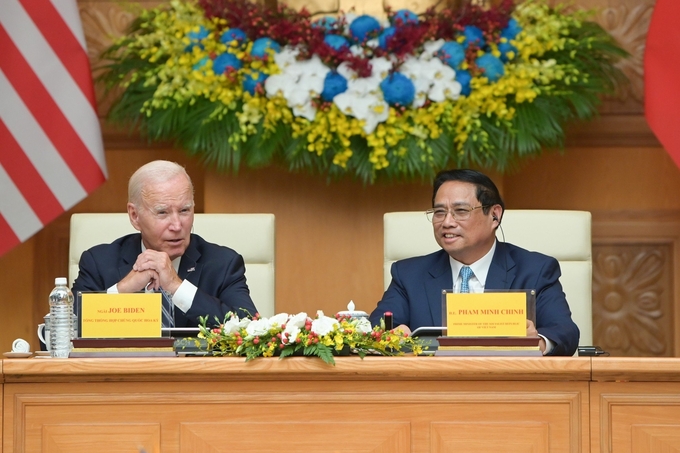 Thủ tướng cho biết ông và Tổng thống Joe Biden đã thống nhất đưa công nghệ, đổi mới sáng tạo và đầu tư thực sự trở thành trụ cột mới của quan hệ Đối tác Cchiến lược toàn diện Việt Nam - Hoa Kỳ. Ảnh: Tùng Đinh.