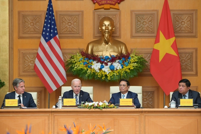 Prime Minister Pham Minh Chinh and US President Joe Biden attending the 'Vietnam - United States Summit on Investment and Innovation' on the morning of September 11. Photo: Tung Dinh.