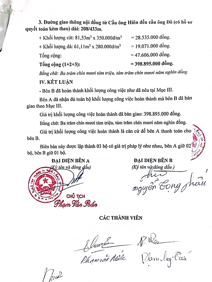 Văn bản xác nhận khối lượng công việc mà ông Nguyễn Trọng Phấn đã thực hiện các tuyến đường nông thôn mới cho UBND xã Tây Hưng. Ảnh: Đinh Mười.