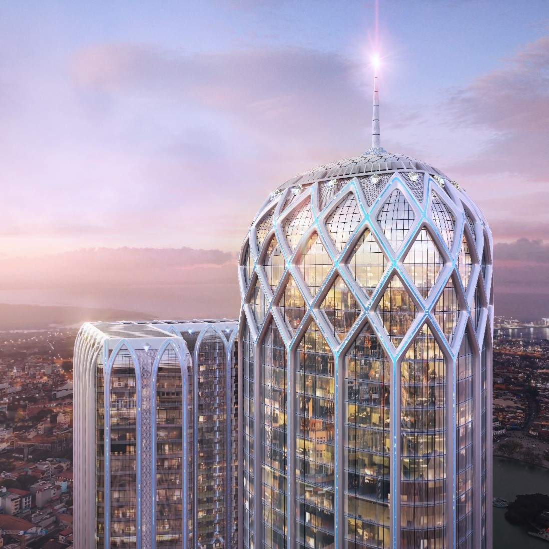 Tòa tháp Khách sạn Diamond Crown Hai Phong đẳng cấp 5 sao quốc tế với chiều cao kỷ lục 186m hứa hẹn trở thành biểu tượng kiến trúc và phong cách sống mới của TP. Hải Phòng. Ảnh: HB.