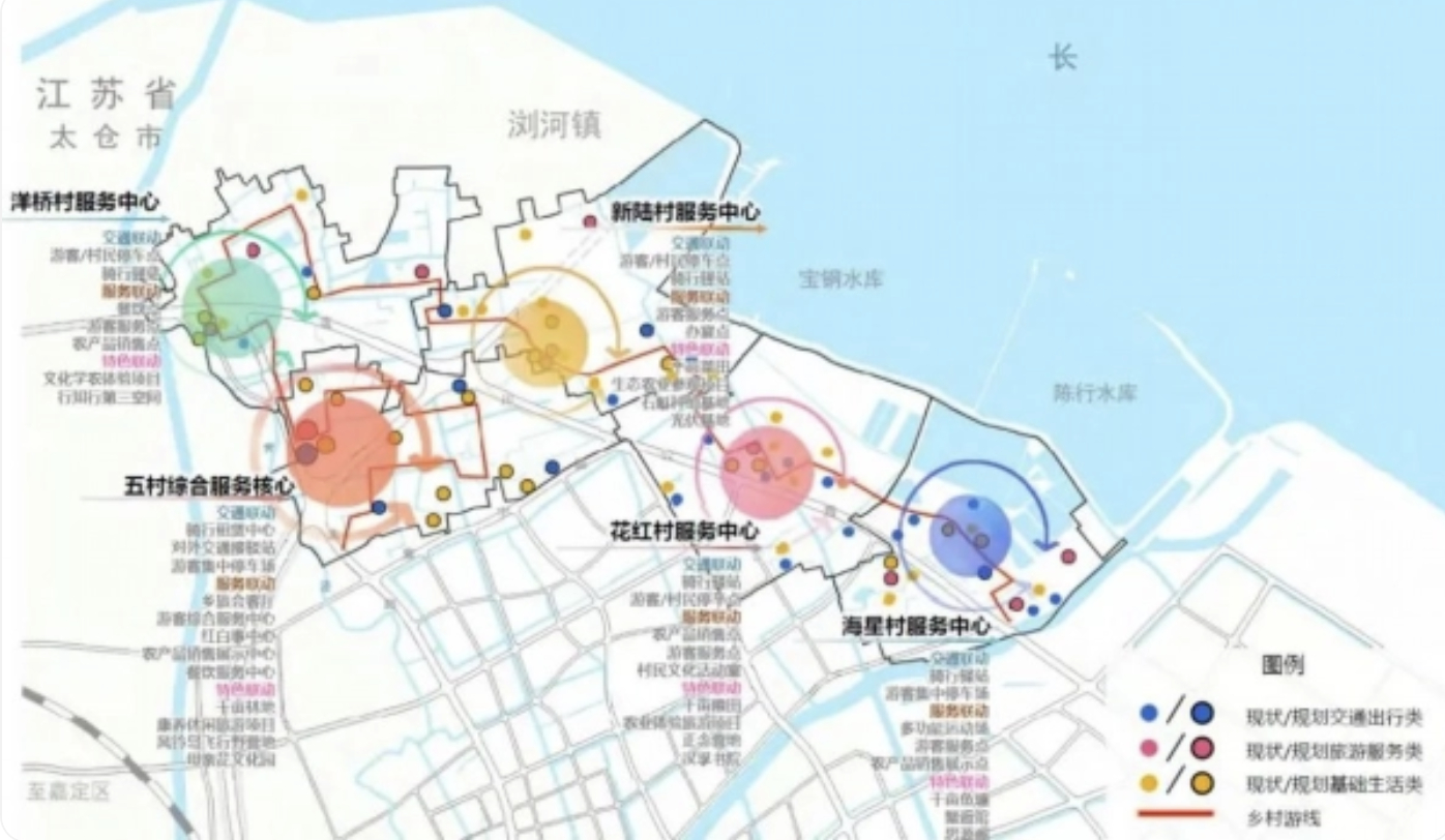 Bản đồ liên kết 5 ngôi làng ở thị trấn La Kinh, huyện Bảo Sơn, thành phố Thượng Hải, Trung Quốc.