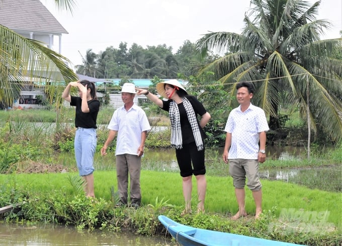 Ms. Nguyen Thi Hang, General Director of Bo De group (second from right), and local farmers in An Minh district conducting an inspection and assessment of the effectiveness of Bo De Mother Water biological product as a water treatment measure in shrimp-rice integrated farming model.