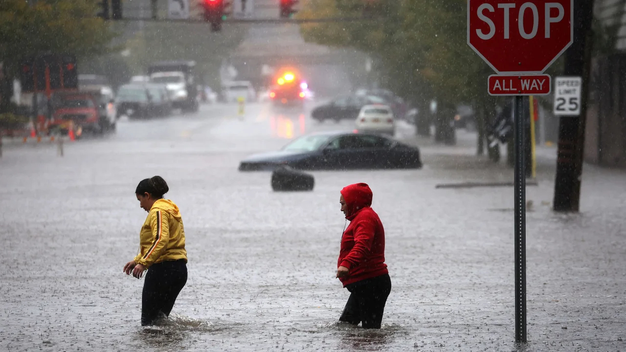 Người dân đi bộ qua vùng nước ngập ở Mamaroneck, ngoại ô thành phố New York, hôm 29/9. Ảnh: Reuters.