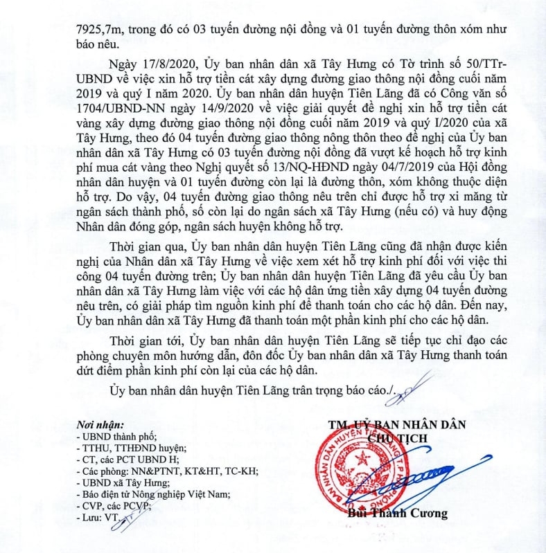 Báo cáo của UBND huyện Tiên Lãng liên quan đến vụ việc. Ảnh: Đinh Mười.