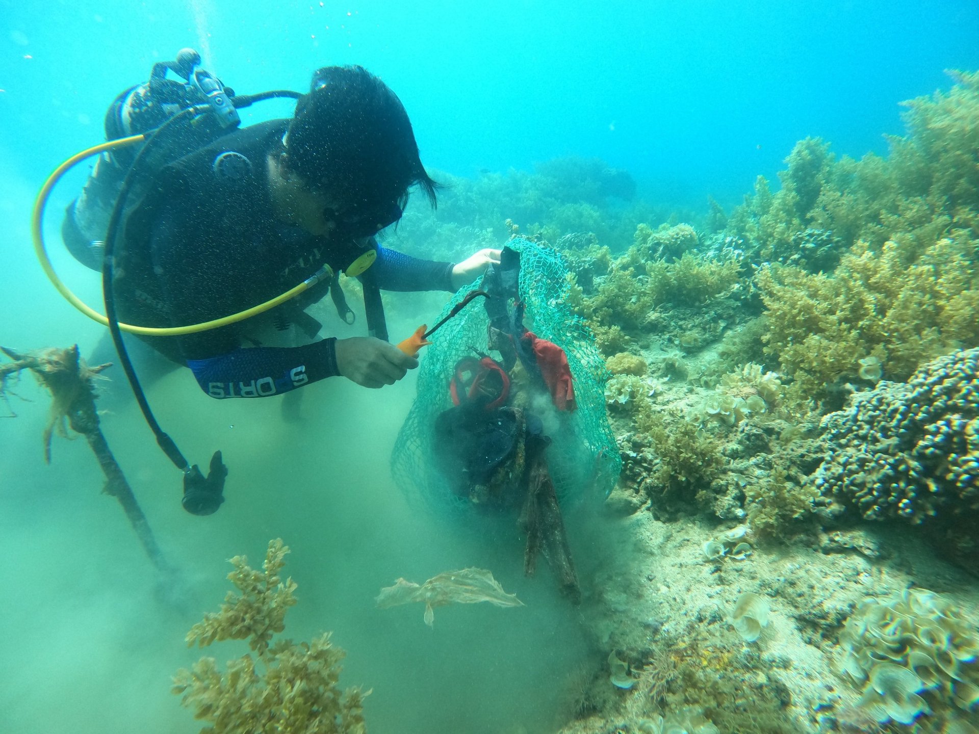 Divers collecting debris from the seabed while protecting the coral. Photo: Vu Dinh Thung.