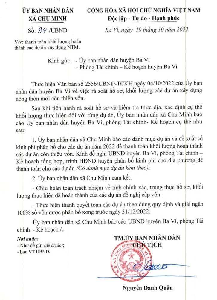 Văn bản số 94 về việc thanh toán khối lượng hoàn thành các dự án xây dựng Nông thôn mới tại xã Chu Minh do ông Quân ký. 