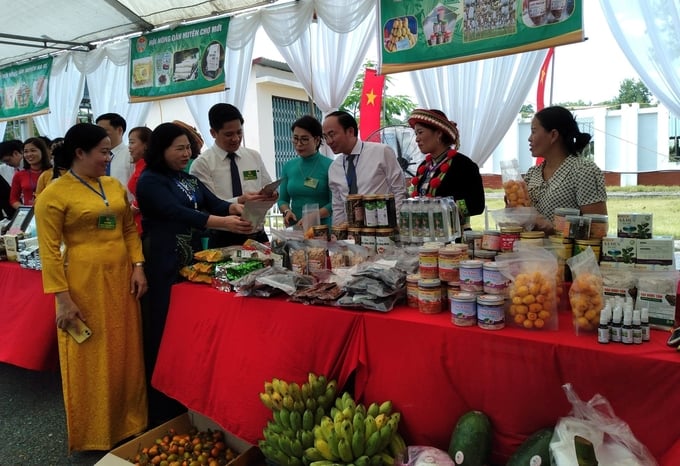 Sản phẩm chuối sấy của HTX Hoàng Huynh tham gia trưng bày tại một hội trợ nông sản. Ảnh: Ngọc Tú. 
