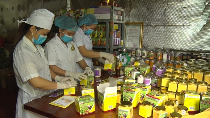 Đóng gói sản phẩm tinh bột nghệ tại HTX Nông nghiệp Tân Thành. Ảnh: Ngọc Tú. 