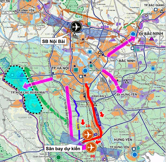 Vị trí xây dựng sân bay thứ hai theo phương án 1. Ảnh: Viện Quy hoạch xây dựng Hà Nội.