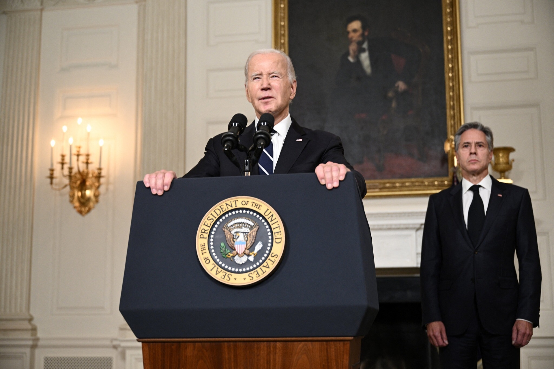 Tổng thống Mỹ có bài phát biểu ủng hộ Israel tại Nhà Trắng hôm 10/10. Ảnh: AFP.