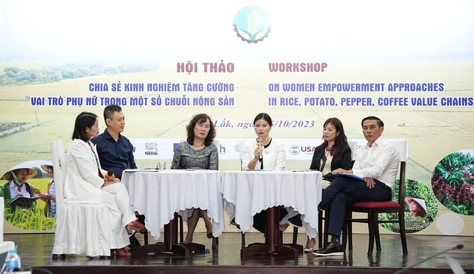 Ms. Le Thi Hoai Thuong, Senior External Relations Manager, Nestlé Vietnam Co., Ltd. (4th from left to right), shares with speakers at the workshop on specific initiatives and activities of Nestlé to promote women empowerment throughout the agricultural product value chain.