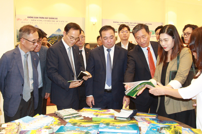 Các đại biểu Hàn Quốc thăm quan gian trưng bày các tài liệu giới thiệu về tỉnh Yên Bái. Ảnh: Thanh Tiến.