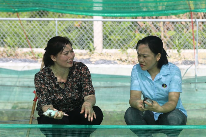Chị Nguyễn Thị Nam chia sẻ với cán bộ khuyến nông những khó khăn, thuận lợi trong nuôi ếch. Ảnh: Đinh Mười.
