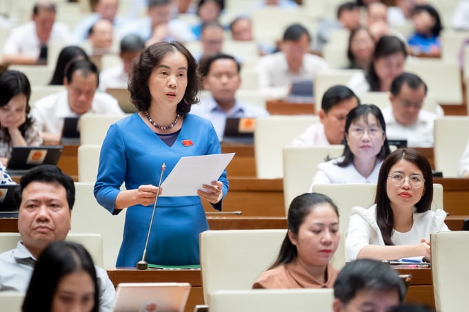 Delegate Nguyen Thi Kim Anh from Bac Ninh province delivering a speech concerning the investment in the maintenance, repair, and prevention of degradation of irrigation works. Photo: National Assembly.