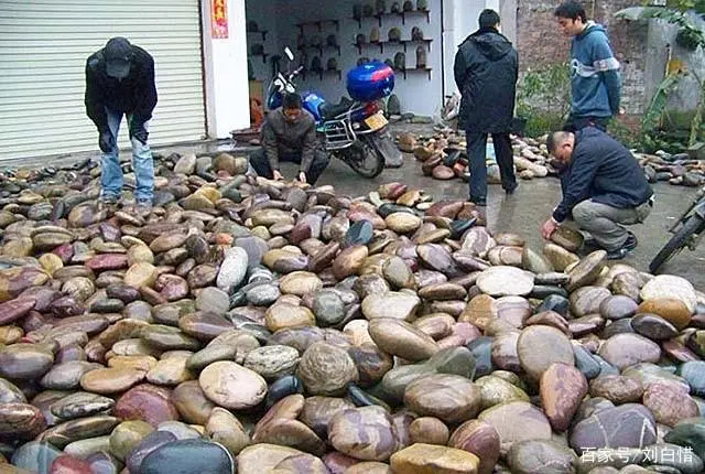 Người dân làng Hà Gia Bá cùng những viên đá được cho là kỳ lạ và có thể bán nó. 