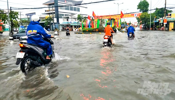Năng lực thoát nước ở TP Sóc Trăng không đảm bảo khiến mưa lớn kết hợp triều cường dâng cao gây ngập đô thị cục bộ, ảnh hưởng đến đi lại và sinh hoạt người dân. Ảnh: Kim Anh.