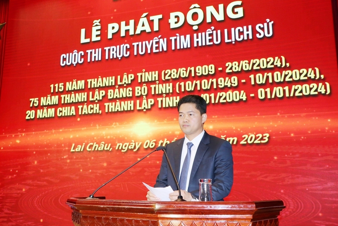 Ông Vũ Mạnh Hà, Ủy viên dự khuyết Trung ương Đảng, Phó Bí thư thường trực Tỉnh ủy Lai Châu phát biểu tại lễ phát động cuộc thi tìm hiểu về lịch sử Lai Châu. Ảnh: H.Đ.