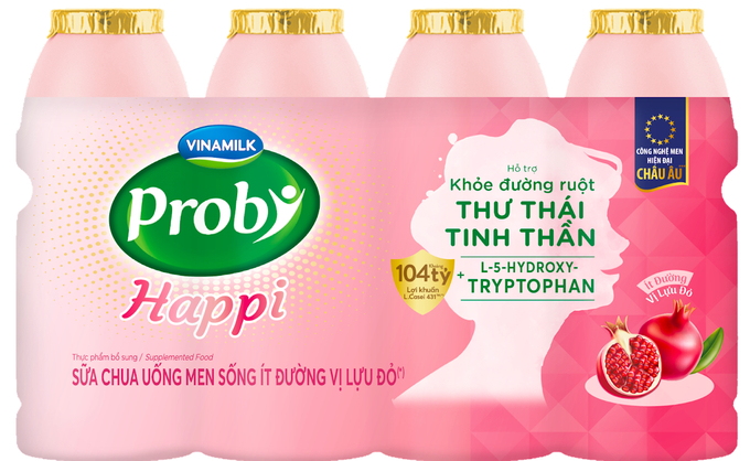 Sữa chua uống men sống ít đường vị lựu đỏ Probi Happi, bổ sung 104 tỷ lợi khuẩn Probiotics L. Casei 431TM từ Châu Âu, cùng L-5-Hydroxytryptophan giúp thư thái tinh thần.