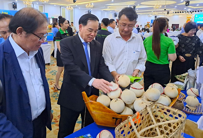 Chủ tịch UBND tỉnh Bến Tre Trần Ngọc Tam (thứ hai từ trái sang) giới thiệu mặt hàng nước dừa xiêm xanh của tỉnh tới các doanh nghiệp. Ảnh: Minh Đảm.