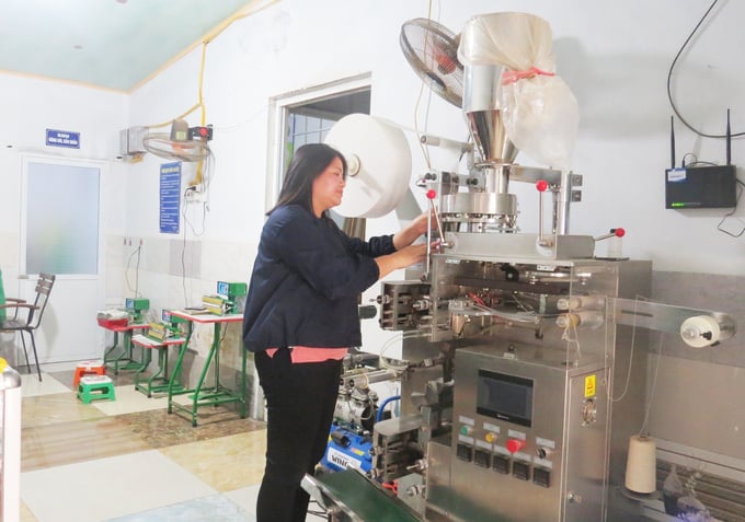 Chị Nguyễn Thị Bộ đã đầu tư máy móc hiện đại để chế biến ra các sản phẩm độc đáo từ cây chè trên núi Ngọc. Ảnh: Đinh Mười.